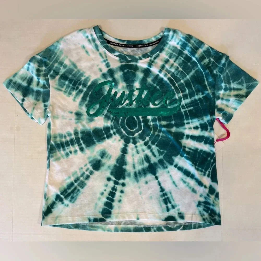 Justice Green Tie-dye Short Sleeve Tee T-shirt With Sequines Size XL (16/18) NWT